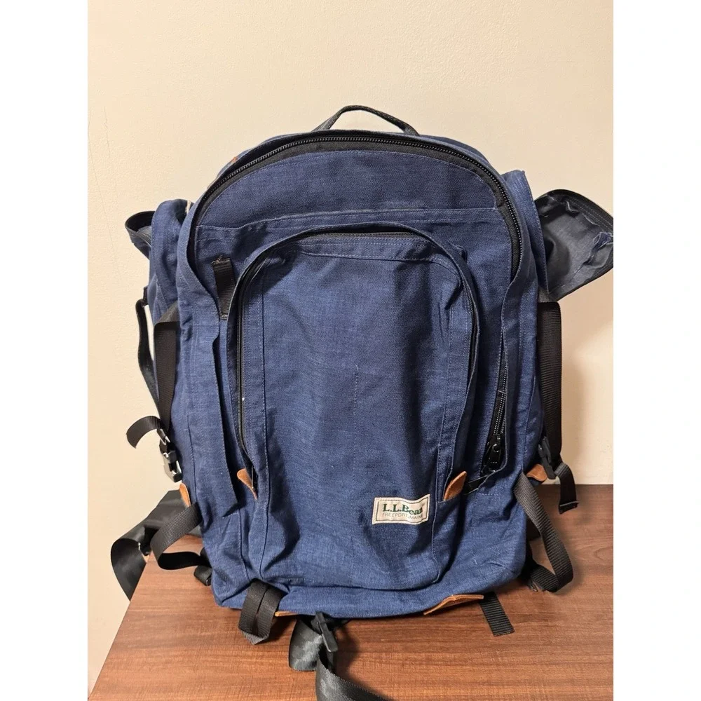 Vintage LL Bean Nylon Leather Continental Rucksack Blue Convertible Backpack